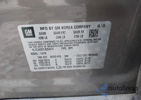 2020 Chevrolet Trax Fwd Ls из США, поврежденный, VIN KL7CJKSB7LB353474